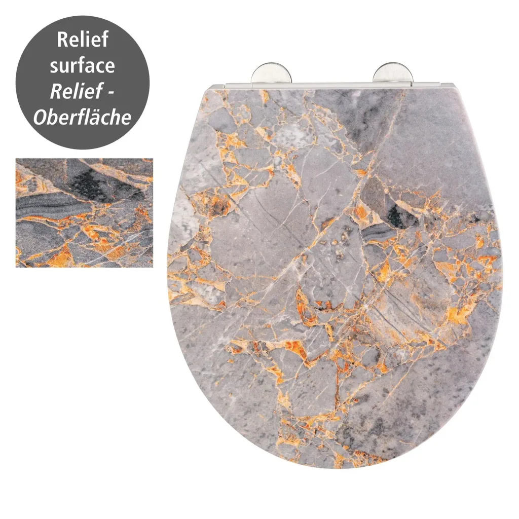 Premium toilet seat Grey Marble with relief, made of antibacterial Duroplast, with soft close