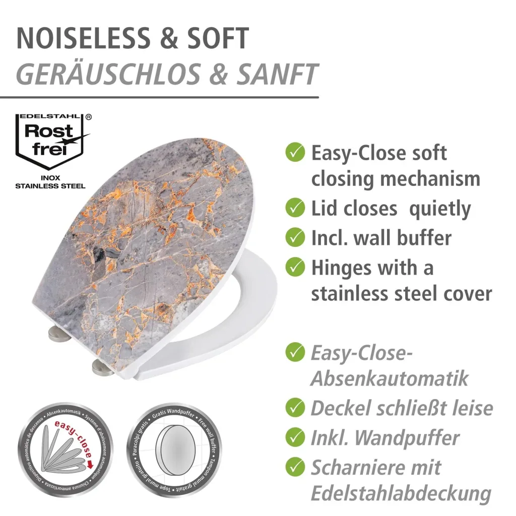 Premium toilet seat Grey Marble with relief, made of antibacterial Duroplast, with soft close