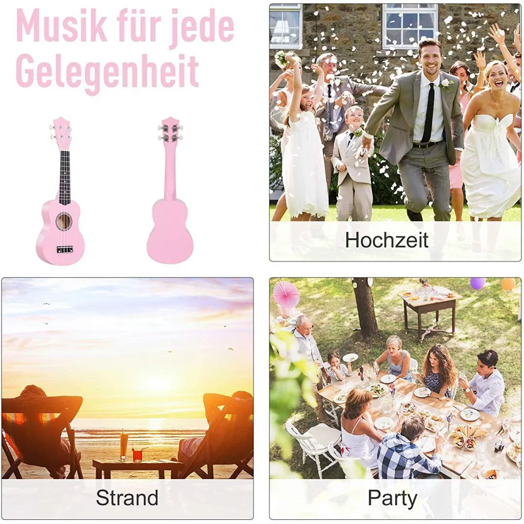Ukulele string instrument beginner nylon strings birch wood pink 53 x 17.5 x 6.2 cm