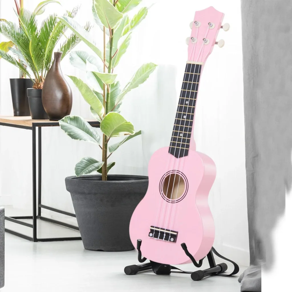 Ukulele string instrument beginner nylon strings birch wood pink 53 x 17.5 x 6.2 cm
