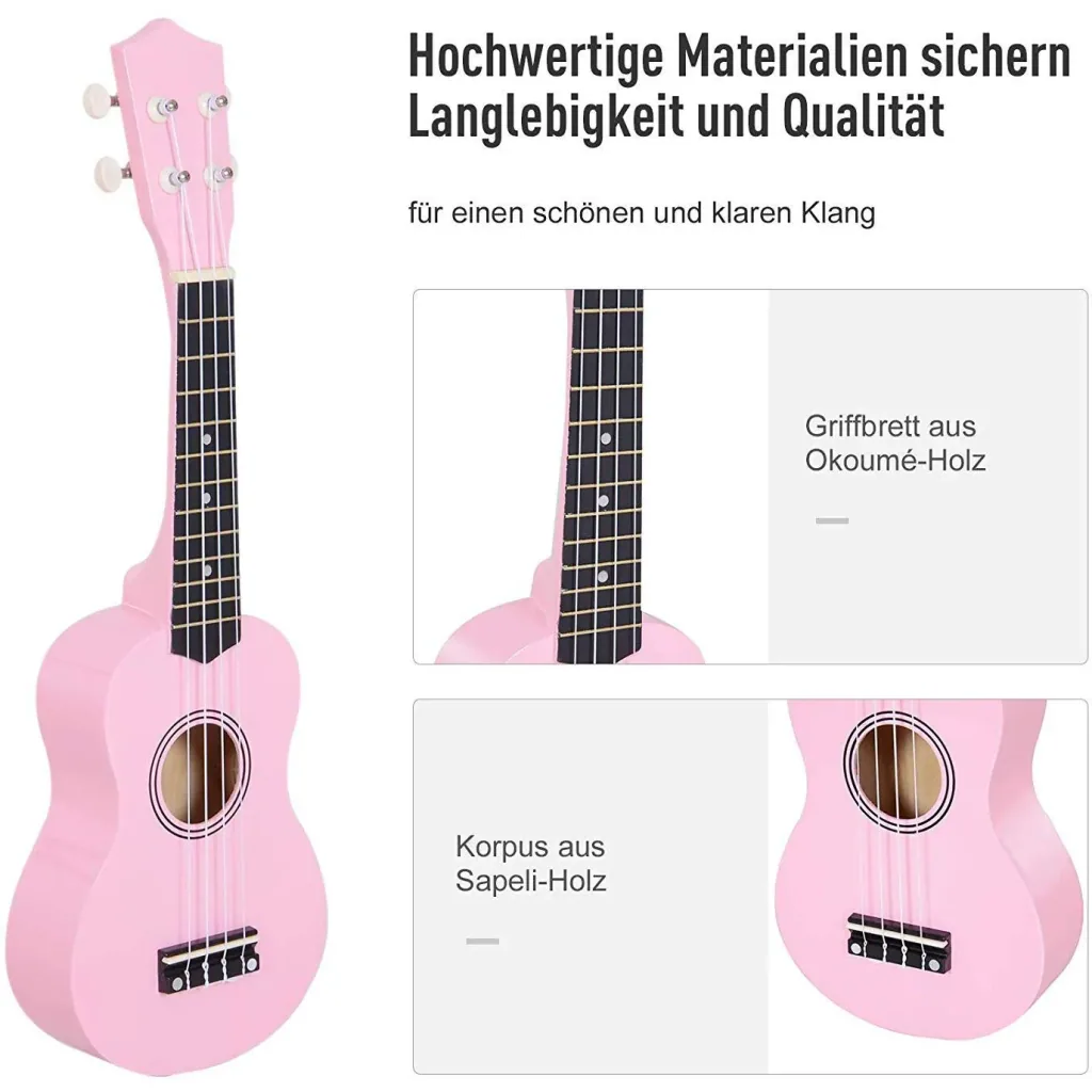 Ukulele string instrument beginner nylon strings birch wood pink 53 x 17.5 x 6.2 cm