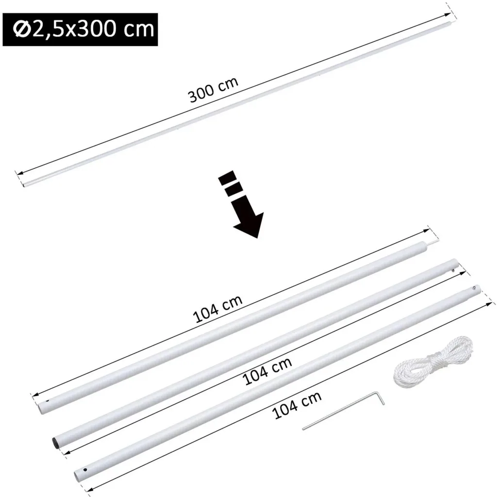 Set of 3 telescopic poles for awnings, including rope and pegs, metal, white, 25 x 104 cm