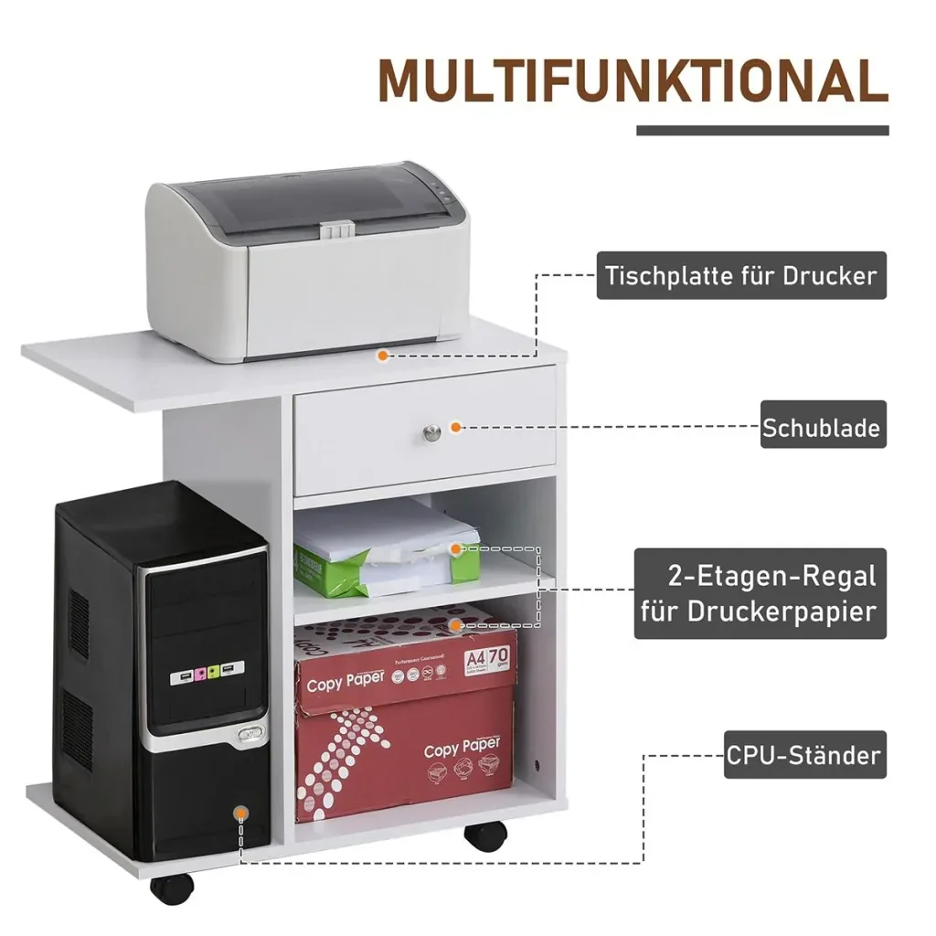 Printer table, printer stand, office cart, rolling cart with drawer + 2 shelves + CPU stand, chipboard, white, 60 x 40 x 68.5