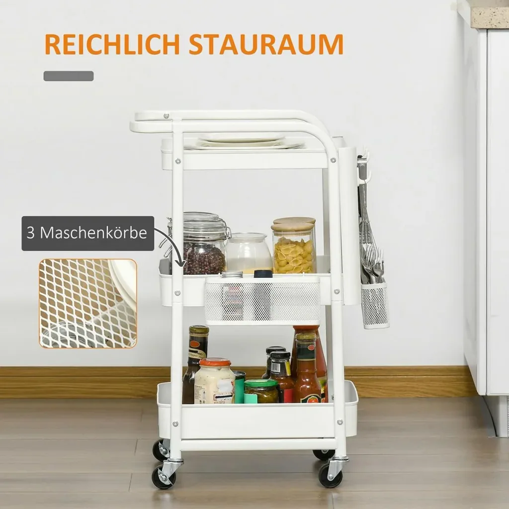 Printer table, printer stand, office cart, rolling cart with drawer + 2 shelves + CPU stand, chipboard, white, 60 x 40 x 68.5