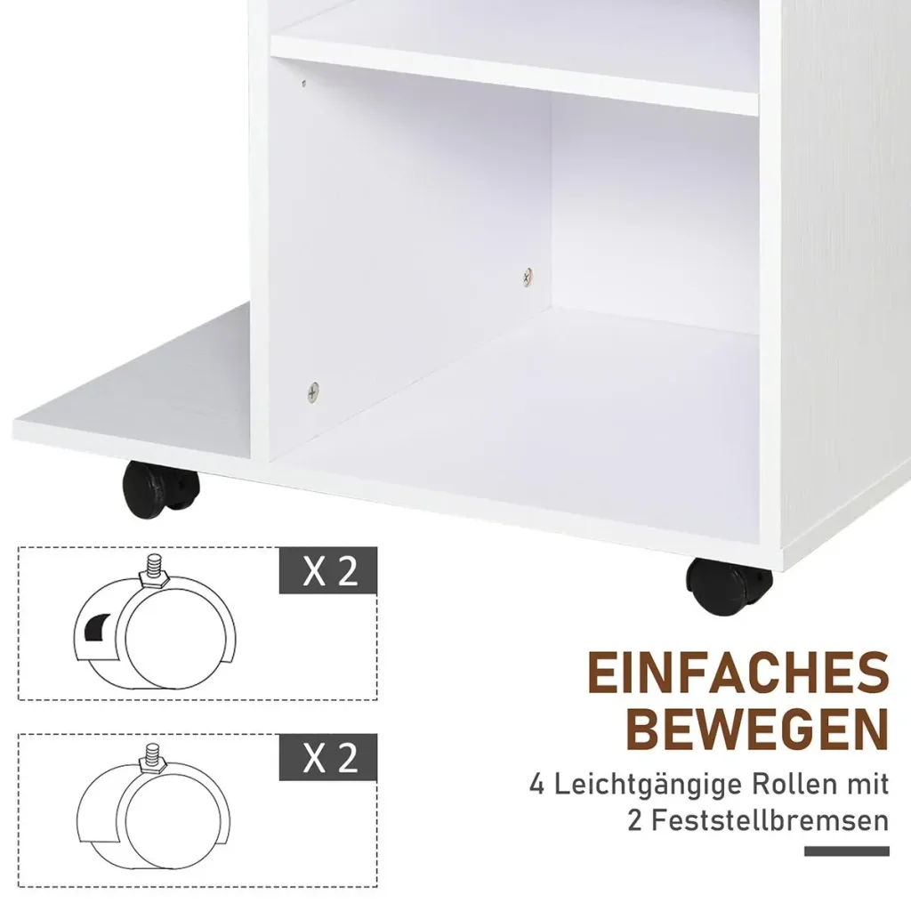 Printer table, printer stand, office cart, rolling cart with drawer + 2 shelves + CPU stand, chipboard, white, 60 x 40 x 68.5