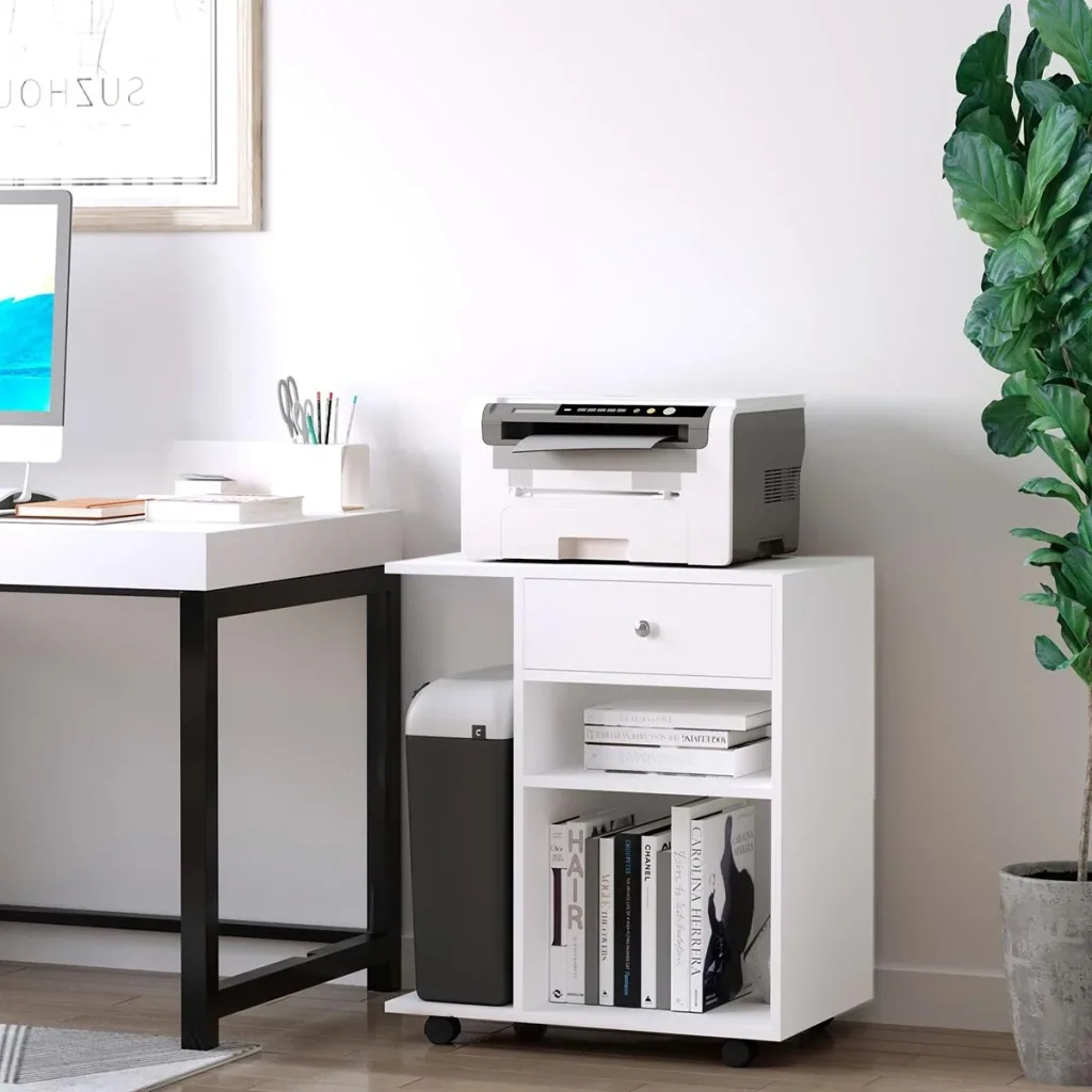 Printer table, printer stand, office cart, rolling cart with drawer + 2 shelves + CPU stand, chipboard, white, 60 x 40 x 68.5