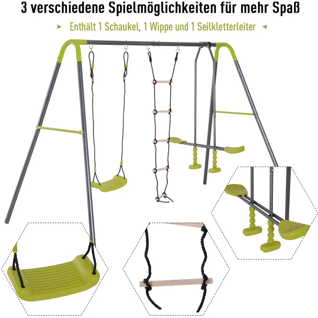 Children's garden swing with seesaw and rope ladder black/light green