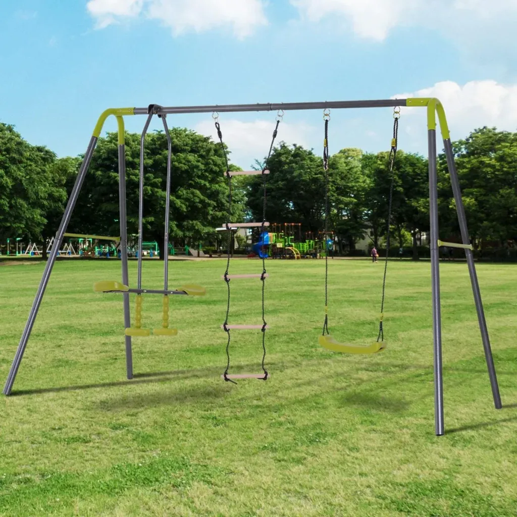 Children's garden swing with seesaw and rope ladder black/light green