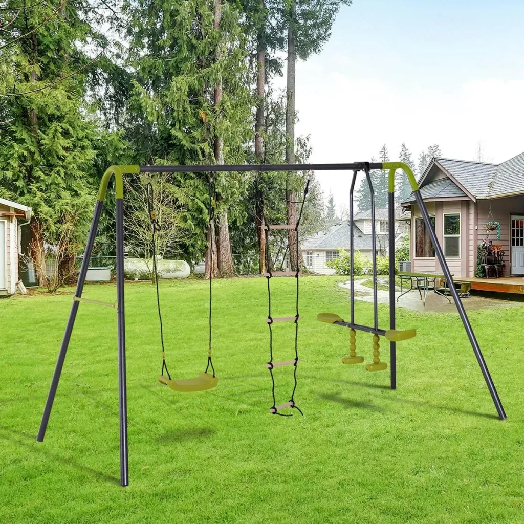 Children's garden swing with seesaw and rope ladder black/light green