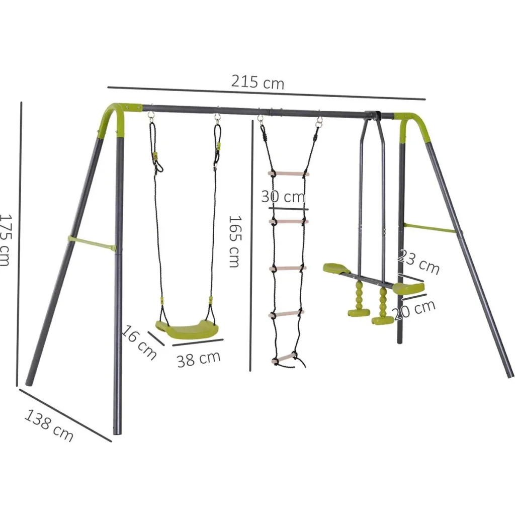 Children's garden swing with seesaw and rope ladder black/light green