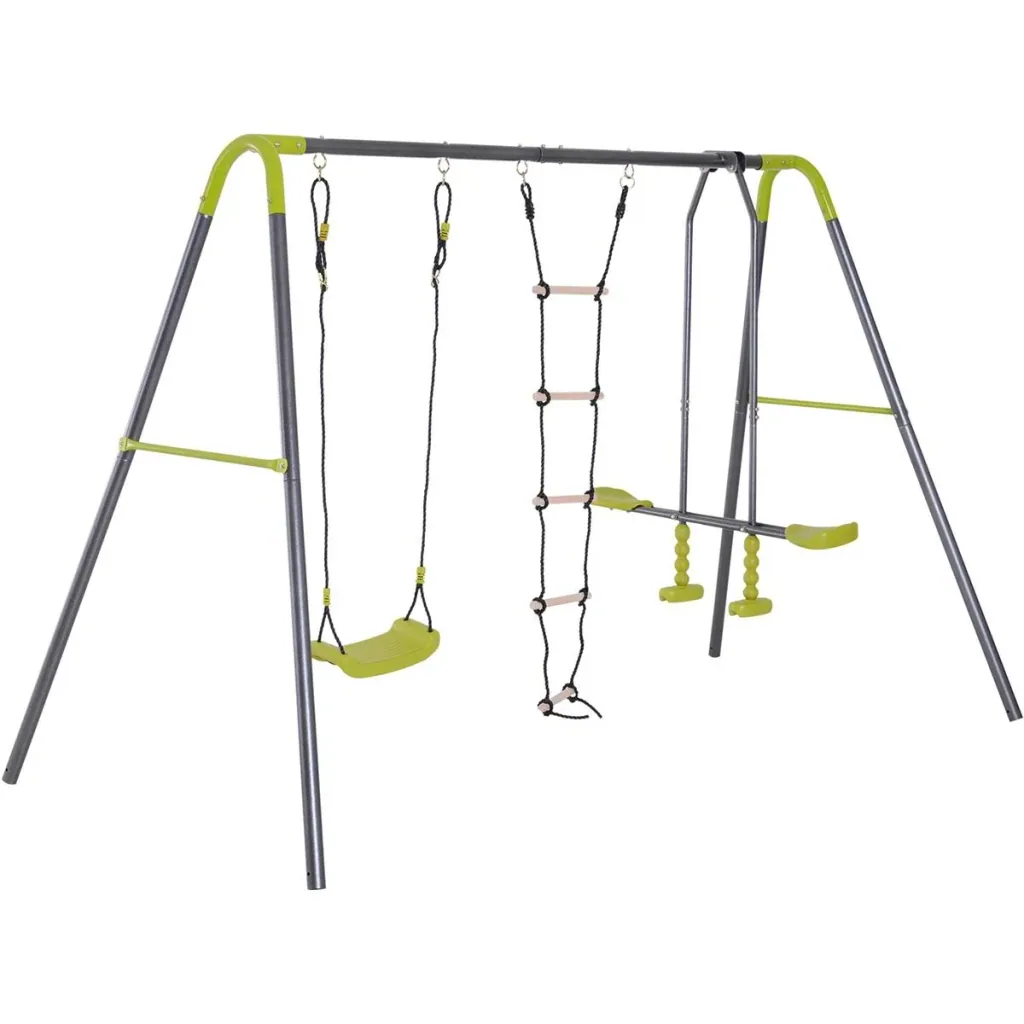 Children's garden swing with seesaw and rope ladder black/light green