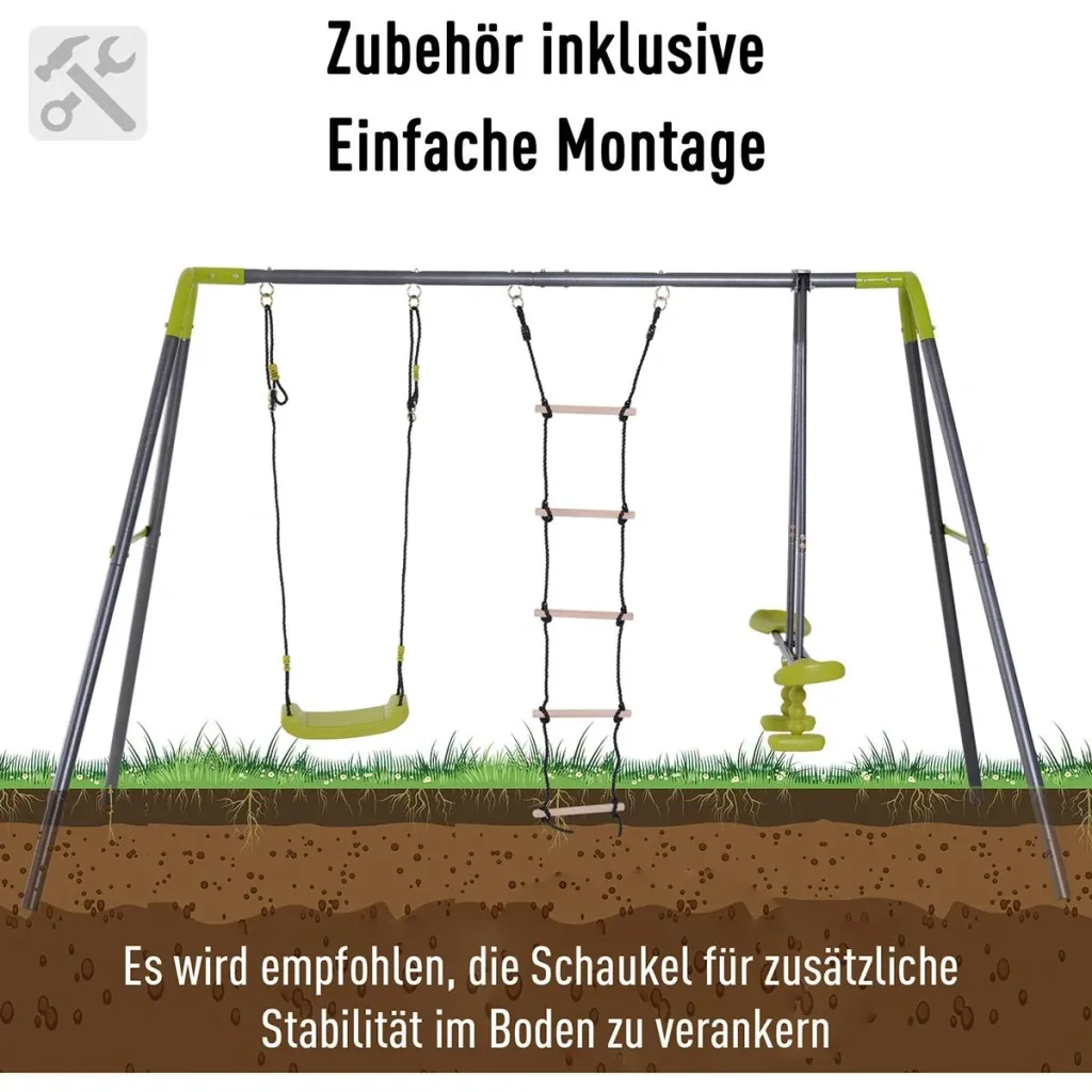 Children's garden swing with seesaw and rope ladder black/light green