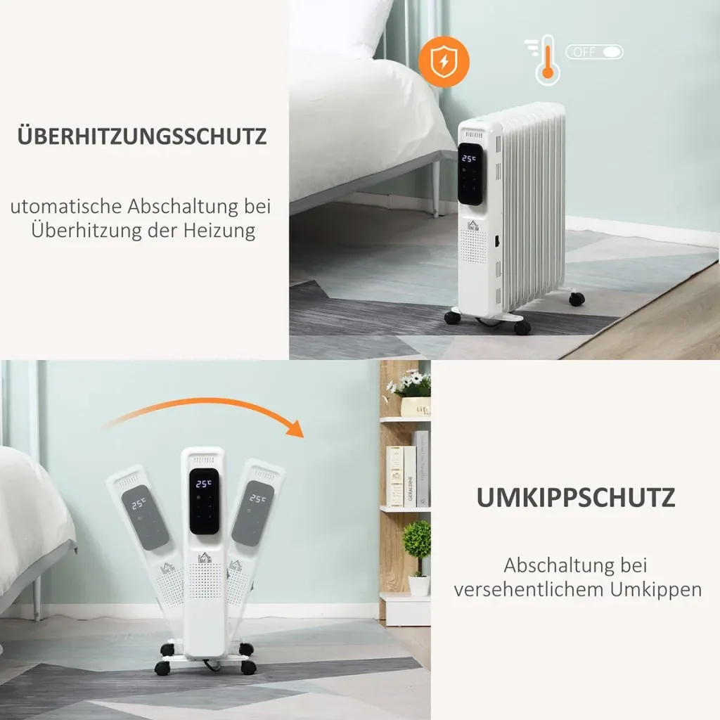 Oil-filled radiator, portable electric heater, 2290-2720W, 3 heat settings, 24-hour timing, with 4 castors, steel, 50.5 x 24 x 63 cm
