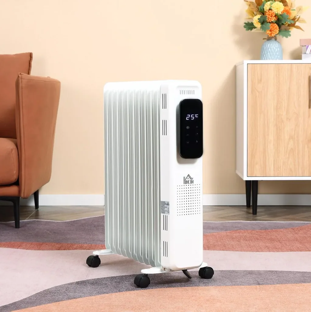 Oil-filled radiator, portable electric heater, 2290-2720W, 3 heat settings, 24-hour timing, with 4 castors, steel, 50.5 x 24 x 63 cm