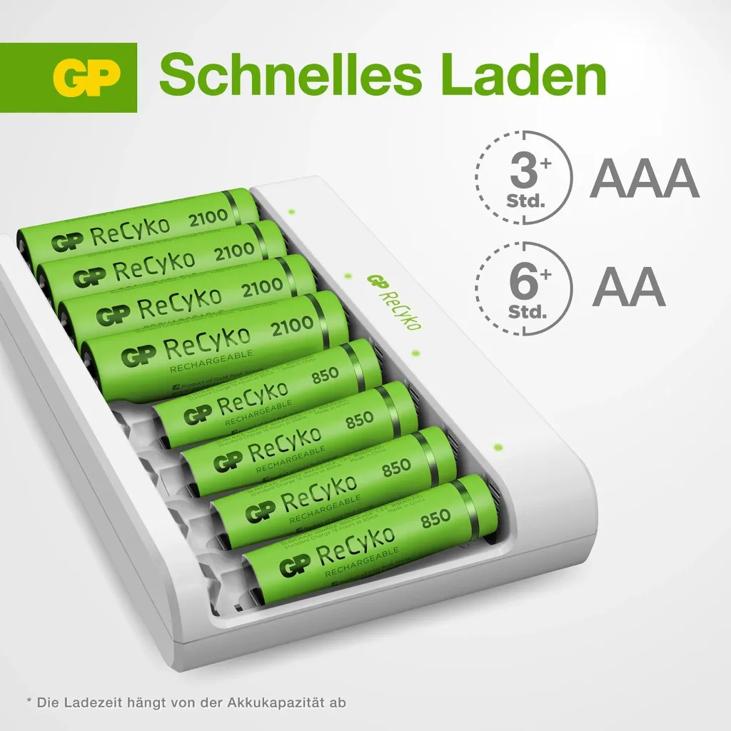 USB charger for 8 AA/AAA NiMH batteries including 4 ReCyko Mignon batteries 2100 mAh + 4 ReCyko Micro batteries 850 mAh