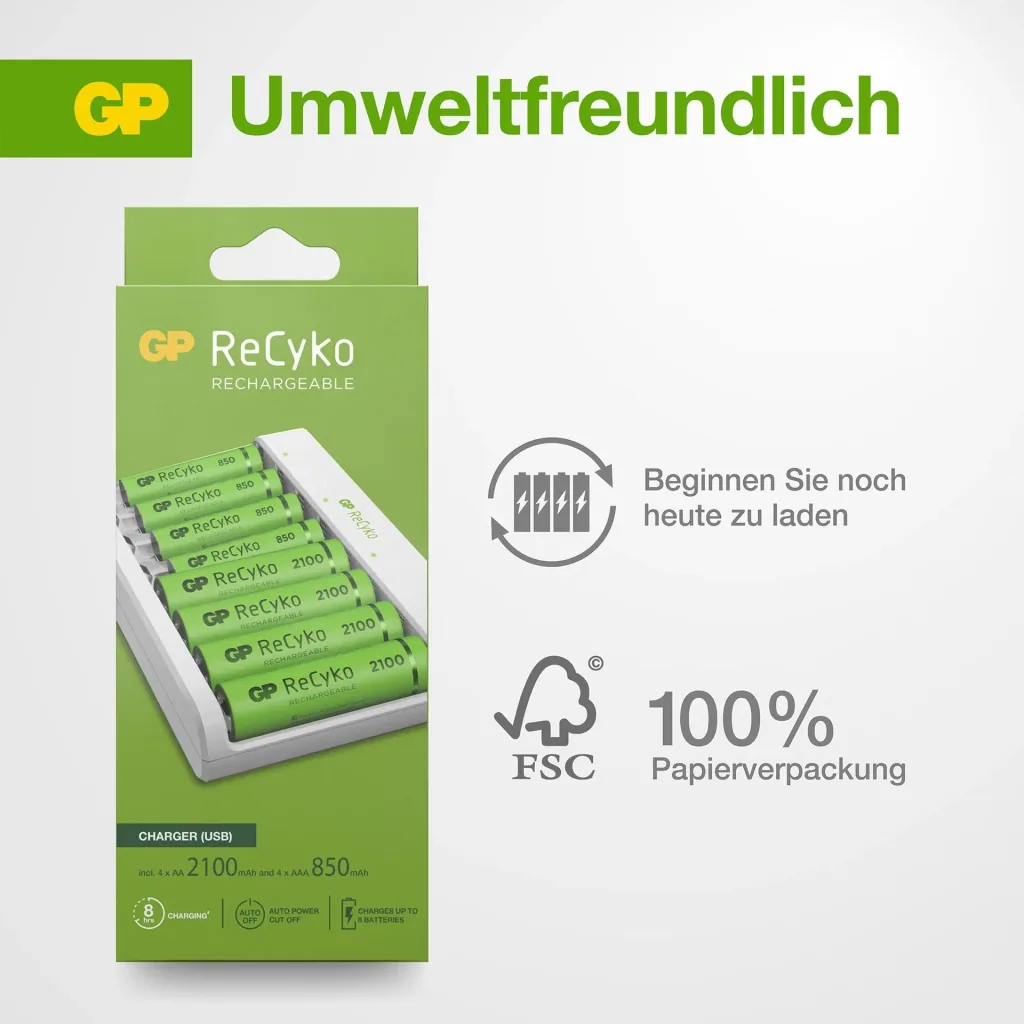 USB charger for 8 AA/AAA NiMH batteries including 4 ReCyko Mignon batteries 2100 mAh + 4 ReCyko Micro batteries 850 mAh