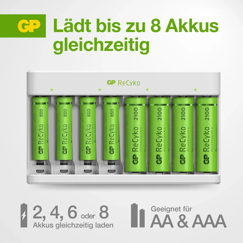 USB charger for 8 AA/AAA NiMH batteries including 4 ReCyko Mignon batteries 2100 mAh + 4 ReCyko Micro batteries 850 mAh