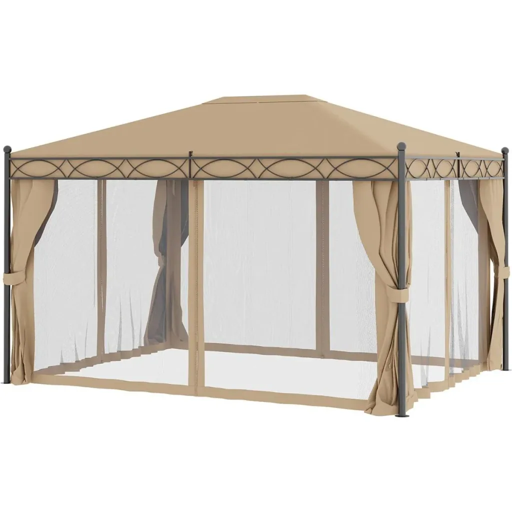 Gazebo with side walls and mosquito net, beige, 4 x 3 m