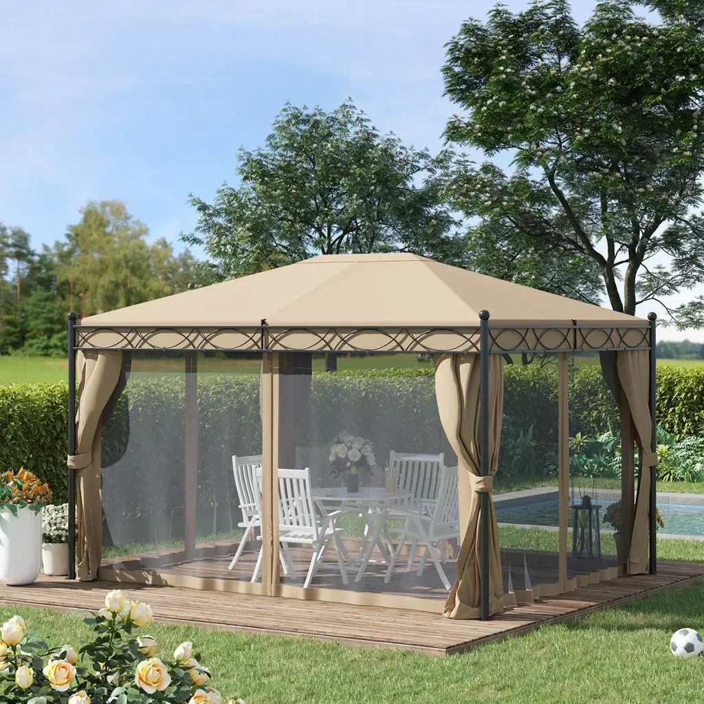 Gazebo with side walls and mosquito net, beige, 4 x 3 m