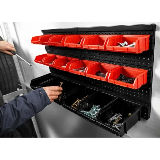 2x tool sheds with stacking boxes (32 pieces) - 2 wall panels of 32x38x2 cm