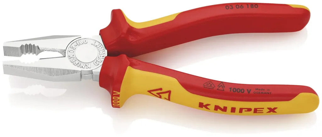 Insulated combination pliers with multi-component grips, VDE-tested, chrome-plated, 180 mm