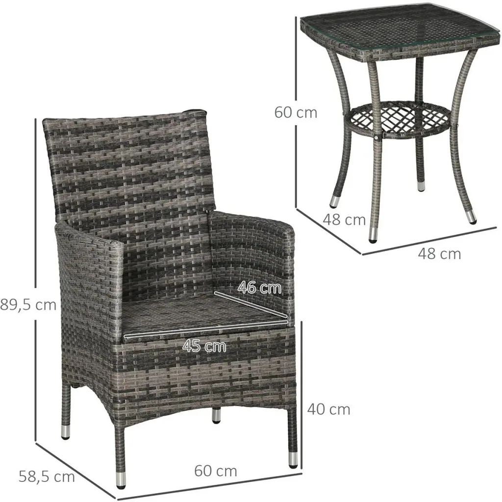 3-piece garden set with side table, polyrattan, steel, 60 x 58.5 x 89.5 cm, grey