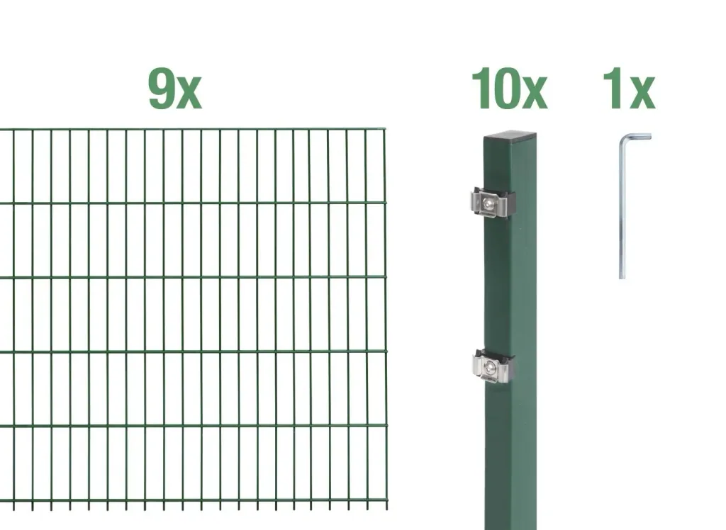 Double rod mesh fence complete set, green, height 140 cm, length 18 m