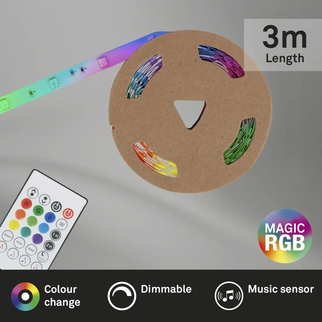 MAGIC RGB LED flex strip, 3m, music sensor, 90 RGB LEDs, 12W, remote control