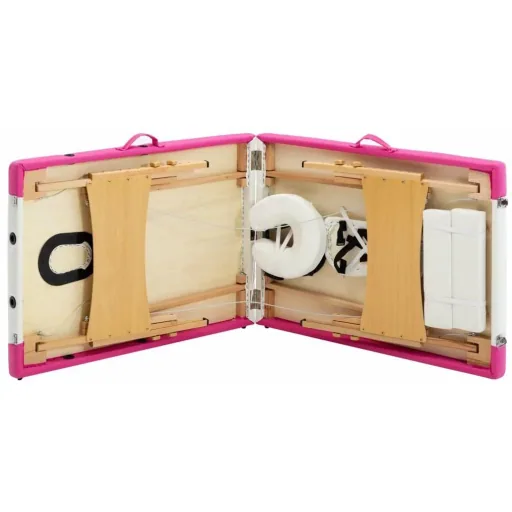 Folding massage table 2 zones wood white and pink