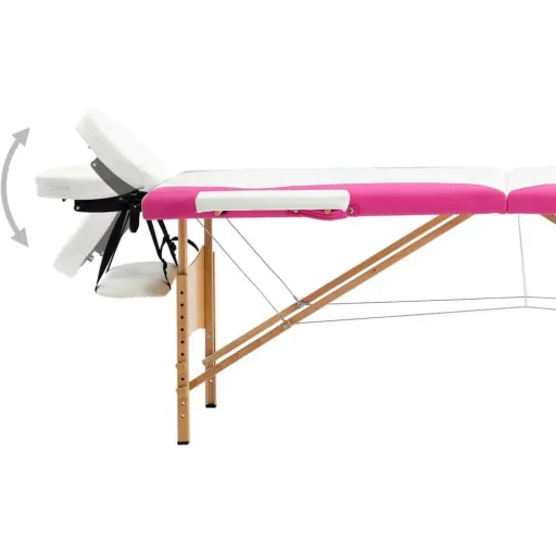 Folding massage table 2 zones wood white and pink