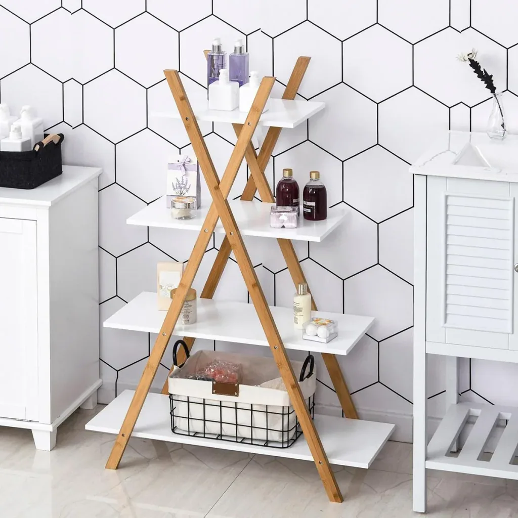 Bathroom shelf, 4-tier stair shelf, ladder shelf, bathroom, bamboo, natural+white, 80 x 33 x 109 cm