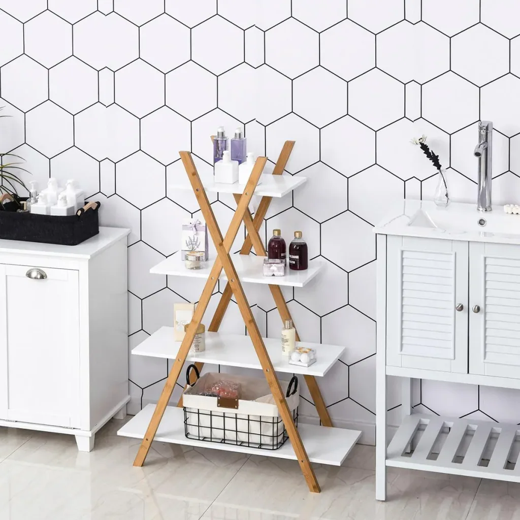 Bathroom shelf, 4-tier stair shelf, ladder shelf, bathroom, bamboo, natural+white, 80 x 33 x 109 cm