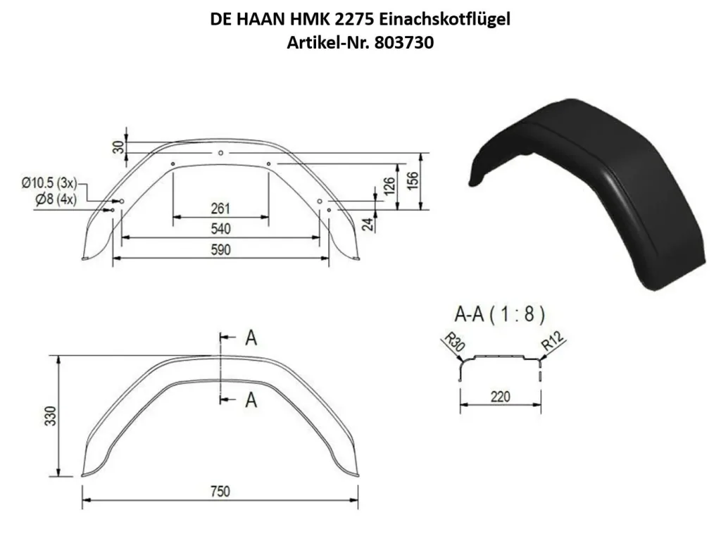 DE HAAN HMK 2275 single-axle fender, span 750 mm