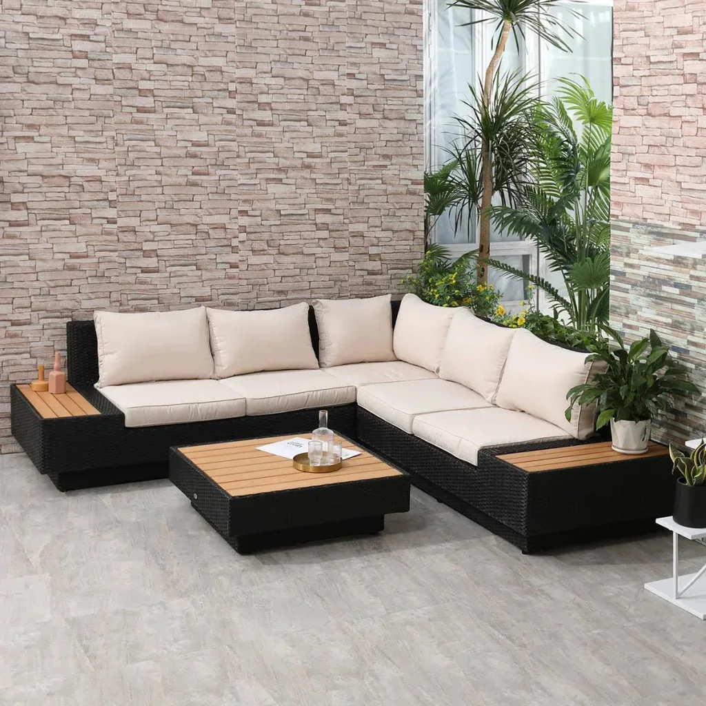 Luxury garden set with shelves, 4-piece, PE rattan, black