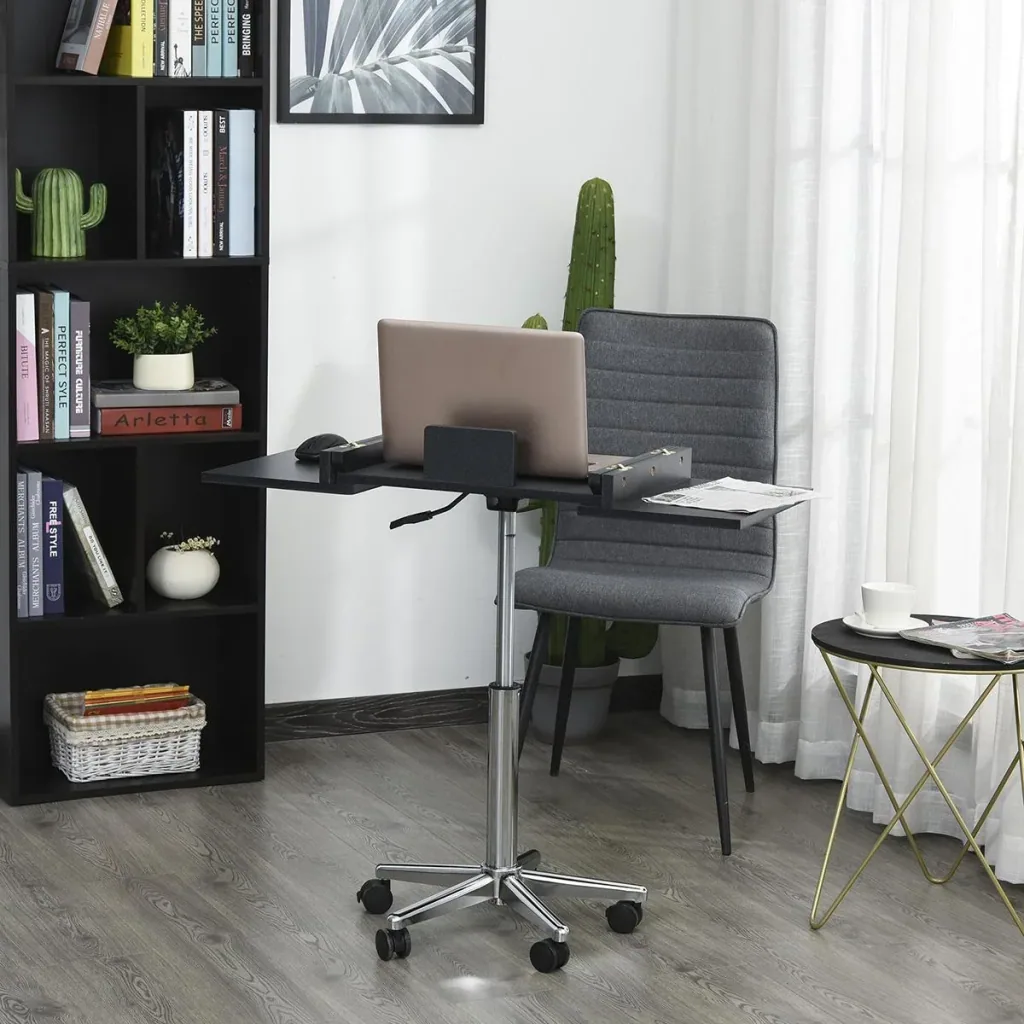 Laptop table laptop stand notebook table with wheels height adjustable foldable computer tablet steel + MDF black 90.5 x