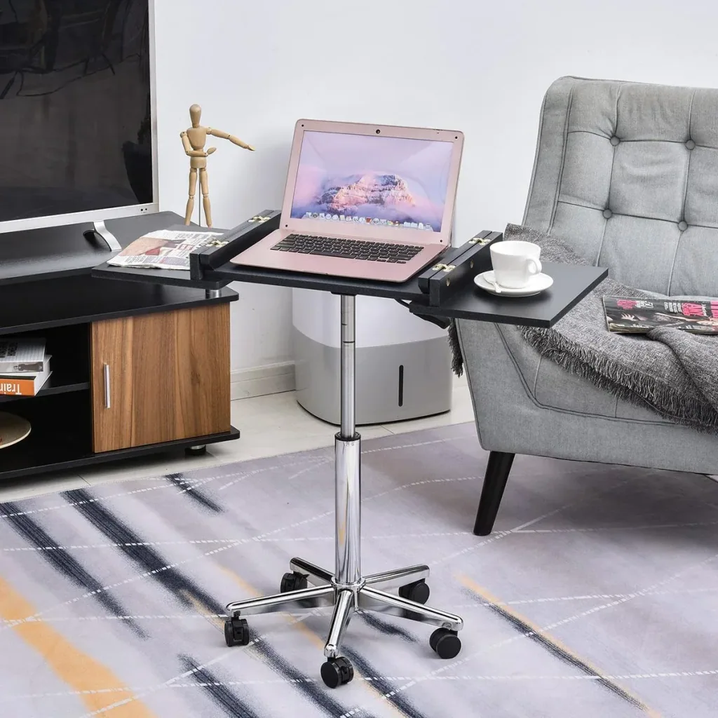 Laptop table laptop stand notebook table with wheels height adjustable foldable computer tablet steel + MDF black 90.5 x
