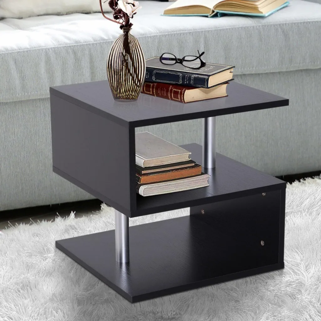 Side table, coffee table, sofa table, 3 compartments, chipboard + aluminum alloy, black, 48 x 48 x 48 cm