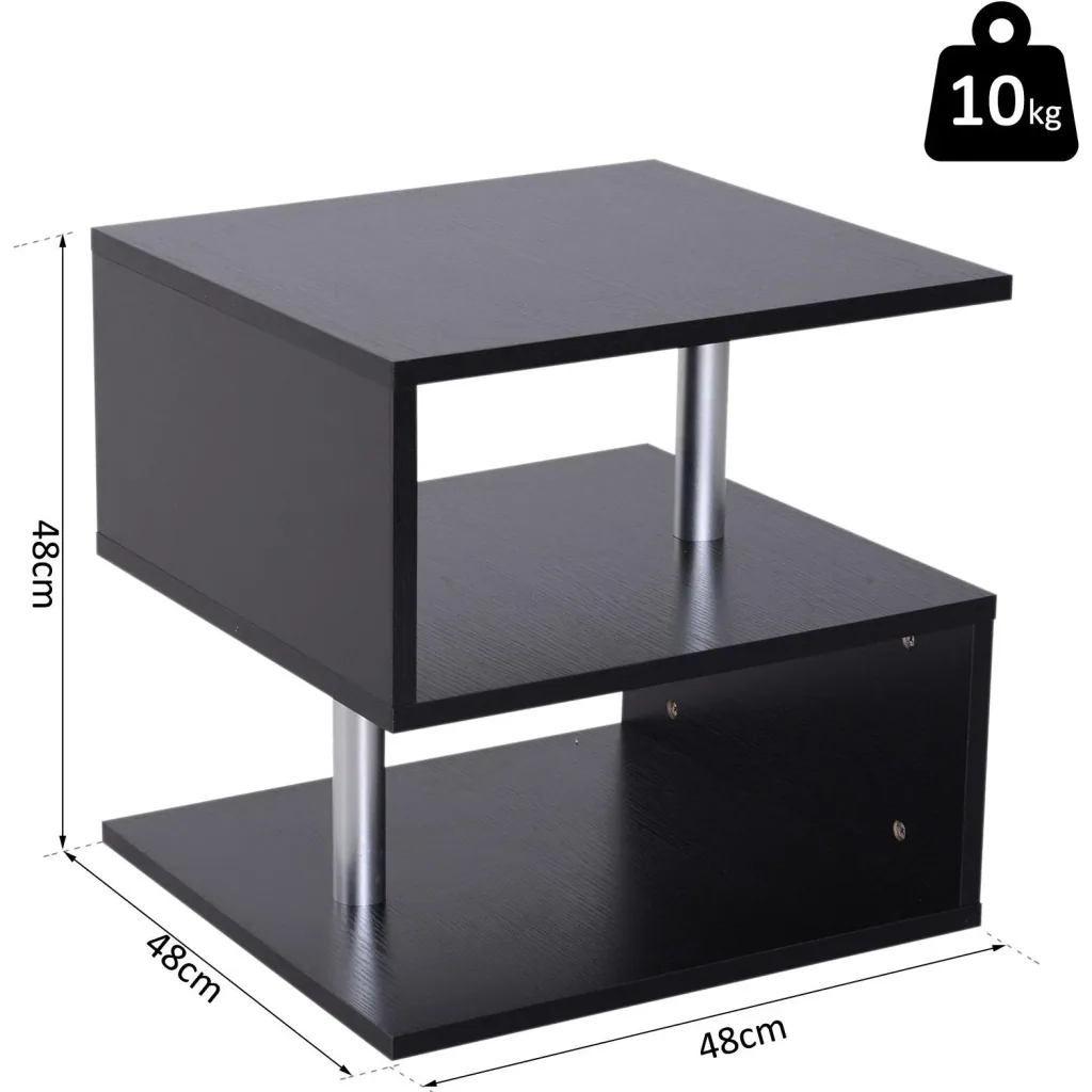 Side table, coffee table, sofa table, 3 compartments, chipboard + aluminum alloy, black, 48 x 48 x 48 cm