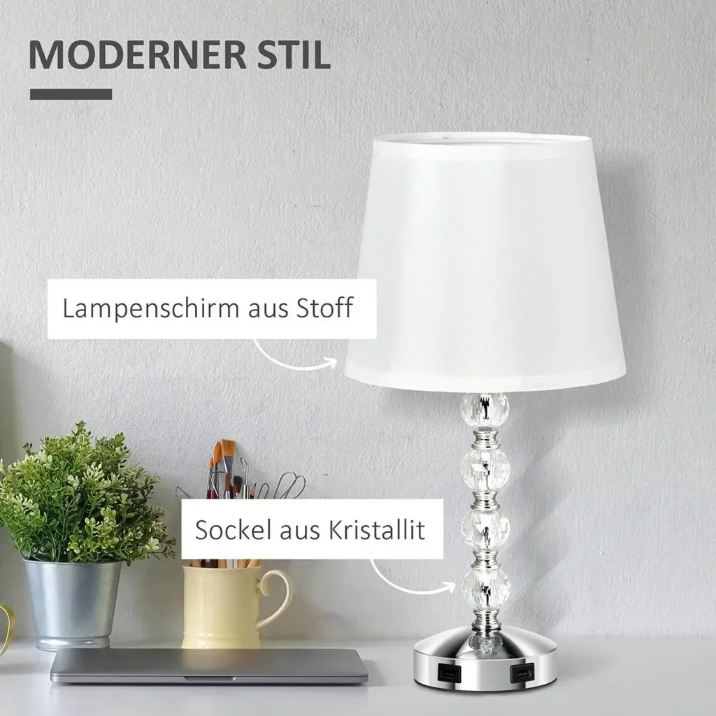 Bedside lamp crystal table lamp with switch touch fabric shade table lamp E27 socket for living room bedroom