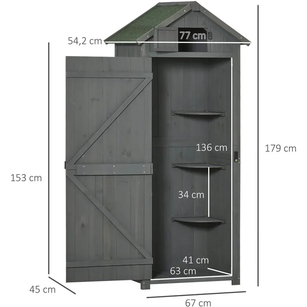 Garden cabinet, garden house, tool shed, tool shed with shelves, asphalt roof, window, wood, grey+green, 77 x 54.2 x 179 cm