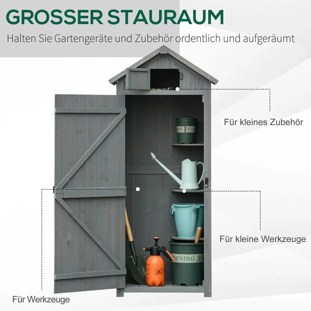 Garden cabinet, garden house, tool shed, tool shed with shelves, asphalt roof, window, wood, grey+green, 77 x 54.2 x 179 cm