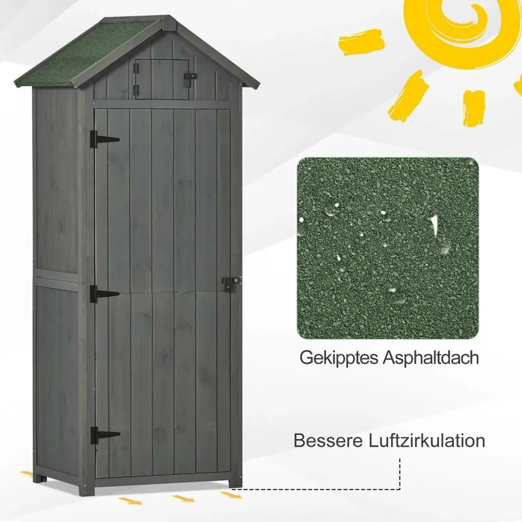 Garden cabinet, garden house, tool shed, tool shed with shelves, asphalt roof, window, wood, grey+green, 77 x 54.2 x 179 cm