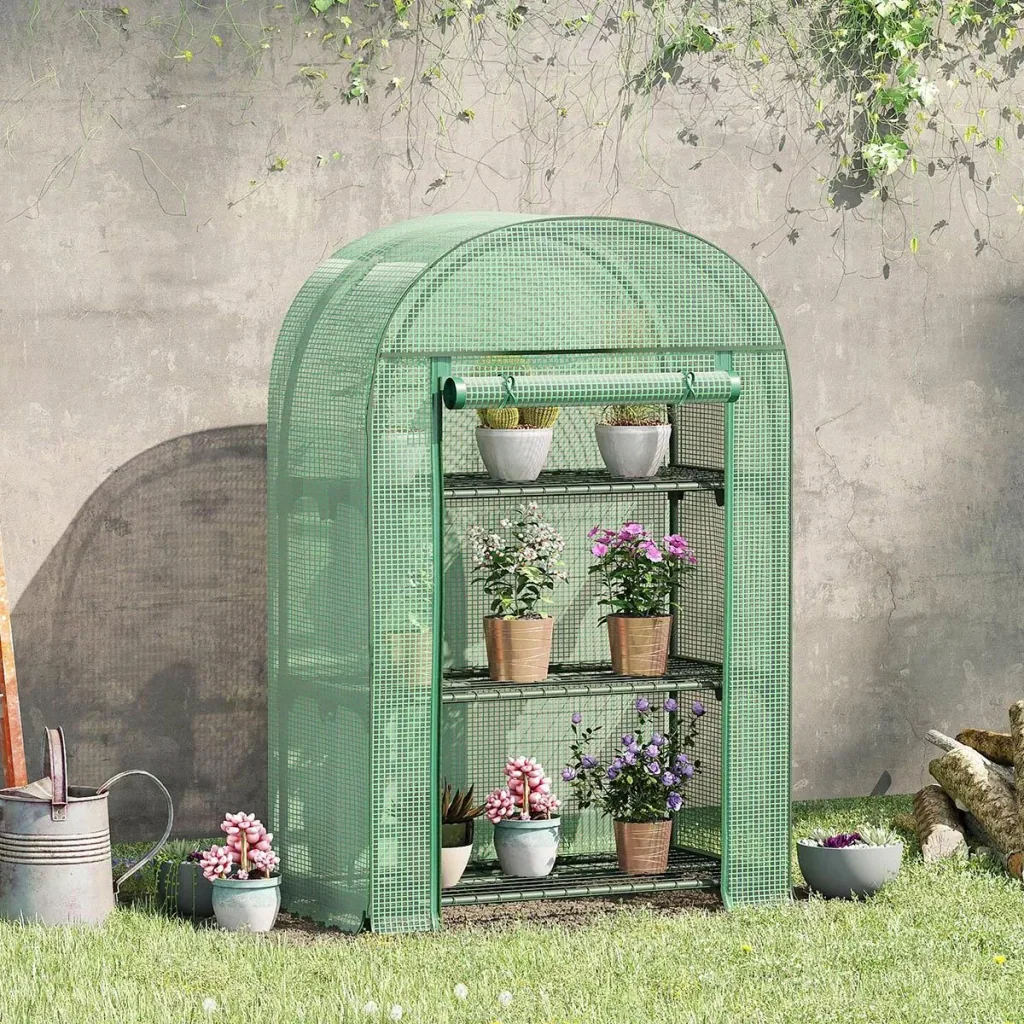 Plastic greenhouse balcony with 3 shelves, mini greenhouse, tomato house, plant house, cold frame, metal, green, 80 x 49 x 120 cm