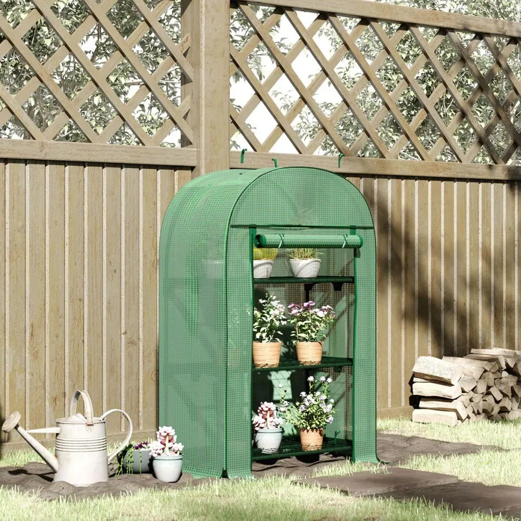 Plastic greenhouse balcony with 3 shelves, mini greenhouse, tomato house, plant house, cold frame, metal, green, 80 x 49 x 120 cm