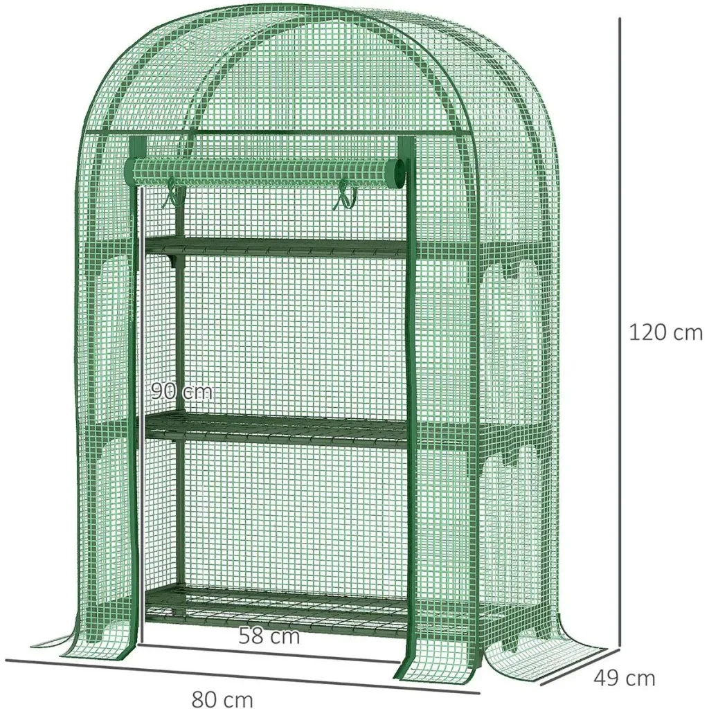 Plastic greenhouse balcony with 3 shelves, mini greenhouse, tomato house, plant house, cold frame, metal, green, 80 x 49 x 120 cm