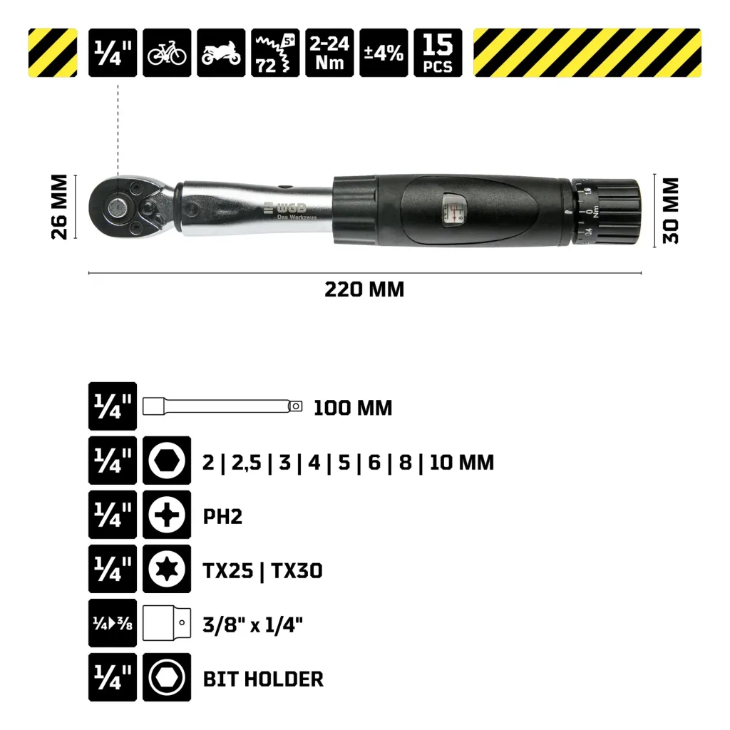 Bicycle torque wrench - 2 - 24 Nm - 15 pieces