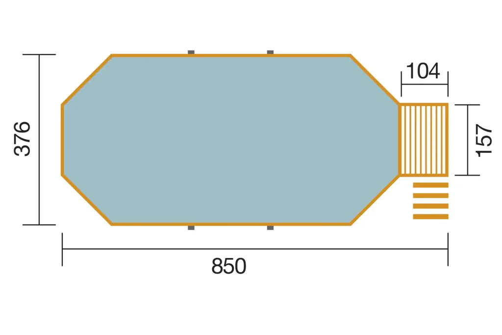 Solid wood pool 594 A, 850 x 376 x 116 cm, value set including sand filter system and technical room