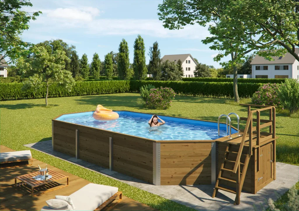 Solid wood pool 594 A, 850 x 376 x 116 cm, value set including sand filter system and technical room