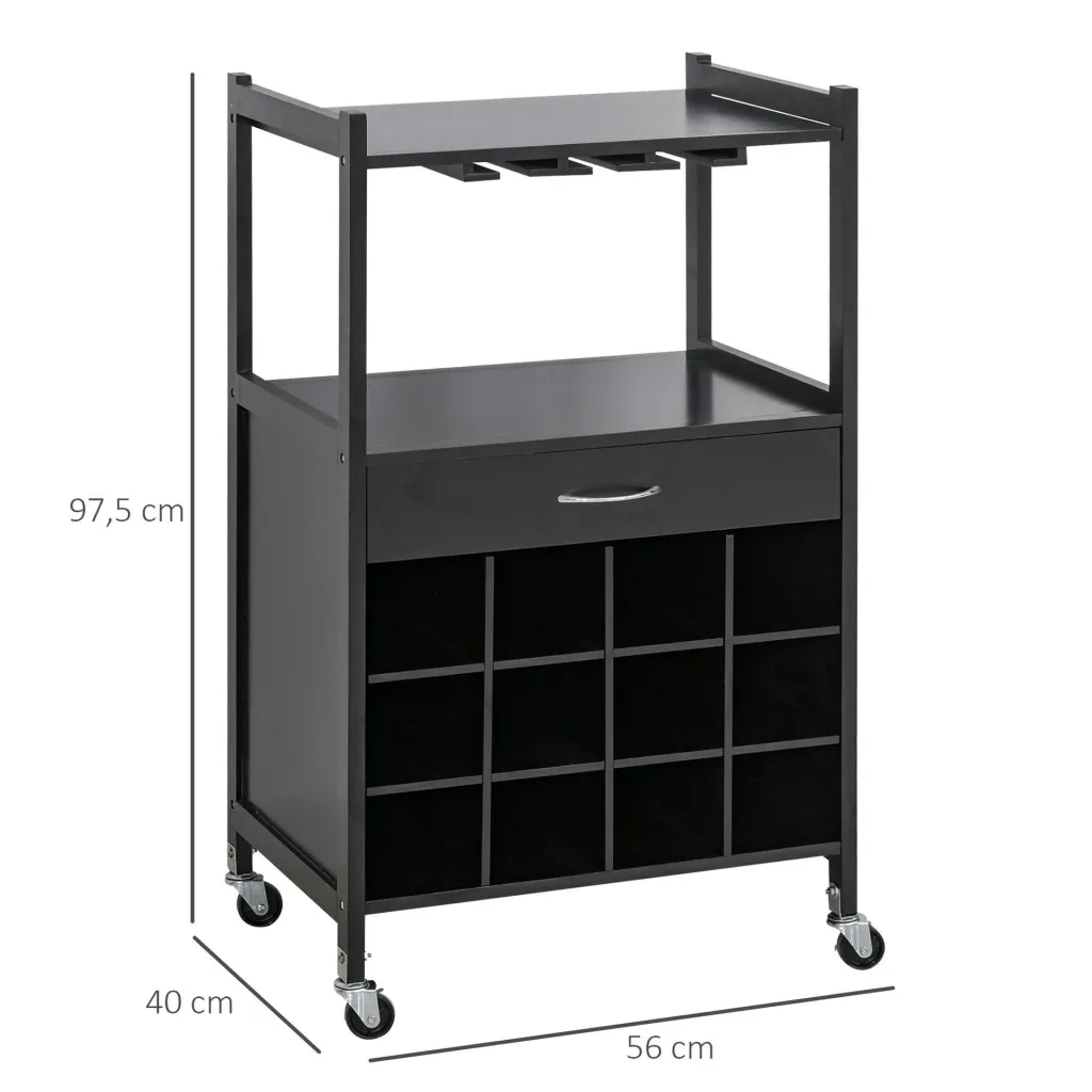 Kitchen trolley with wine rack, black