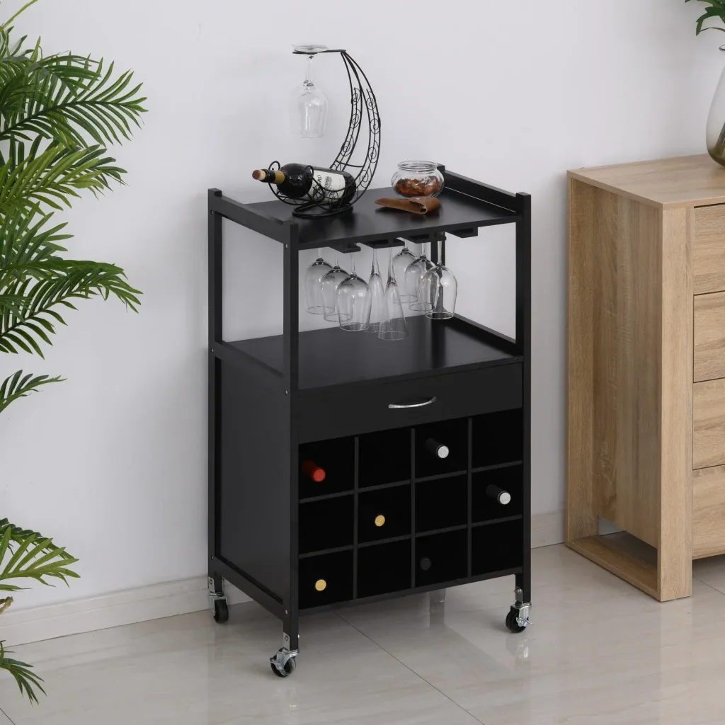 Kitchen trolley with wine rack, black